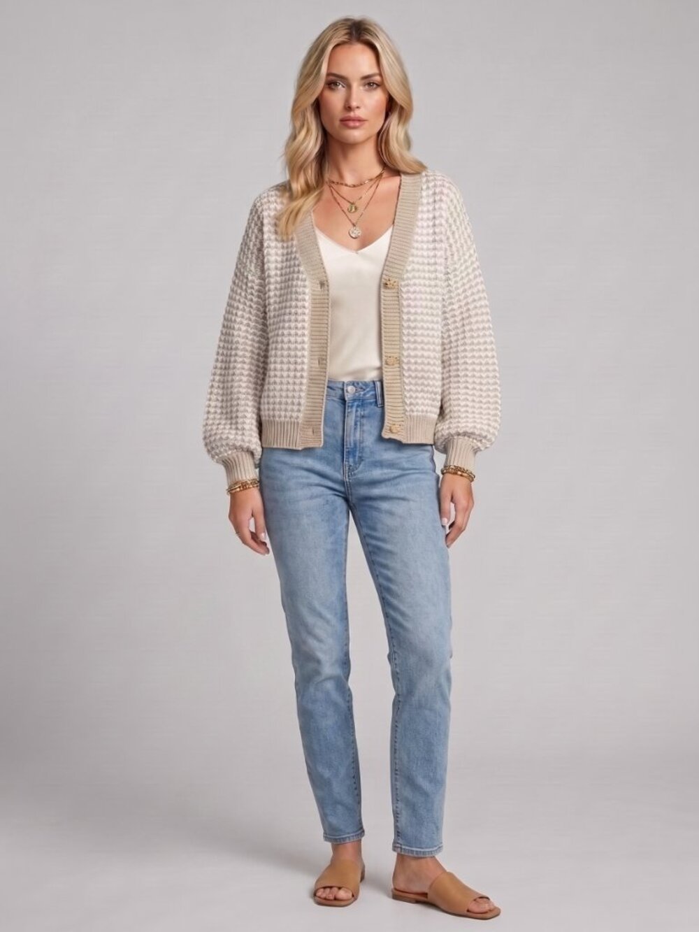 Women's Beige White Knit Cardigan V Neck Button Front Long Sleeve Sweater - Picture 4 of 5